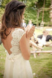 A-line V-neck Cap Sleeves Sweep Train Backless Wedding Dress With Sash,Beach Wedding Dress,N345