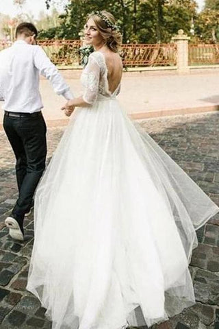 Puffy Half Sleeves Backless Floor Length Long Beach Wedding Dress N2250
