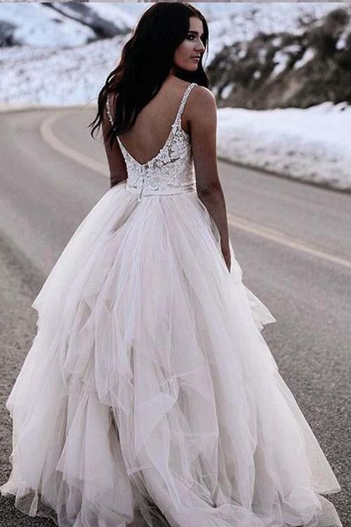 Charming Straps Lace Top Backless Tulle Asymmetrical Ivory Wedding Dress N1264