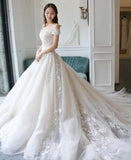 Ball Gown Off the Shoulder Lace Appliqued Wedding Dress, Ivory Bridal Dress N2586