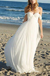 Flowy Off the Shoulder Chiffon Beach Wedding Dress, Simple Long Pleated Bridal Dress N1289