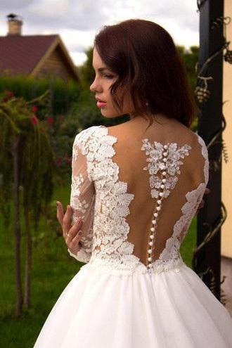 Boho Puffy Tulle Bridal Dress With Lace, Long Sleeves Sheer Neck Ivory Wedding Dress N1269