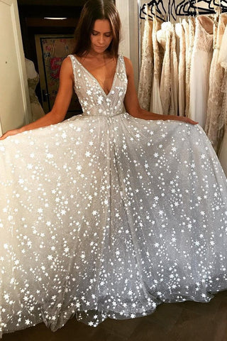 Glitter Sparkly White V Neck Sleeveless Long Wedding Dress Floor Length Prom Dress