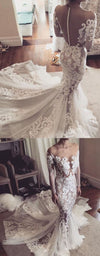See-through Mermaid Wedding Dress Lace Appliques Long Sleeves Sheer Tulle Bridal Dress N202