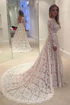Elegant Ivory A-line Bateau Lace Long Sleeve Backless Wedding Dress With Court Train N347