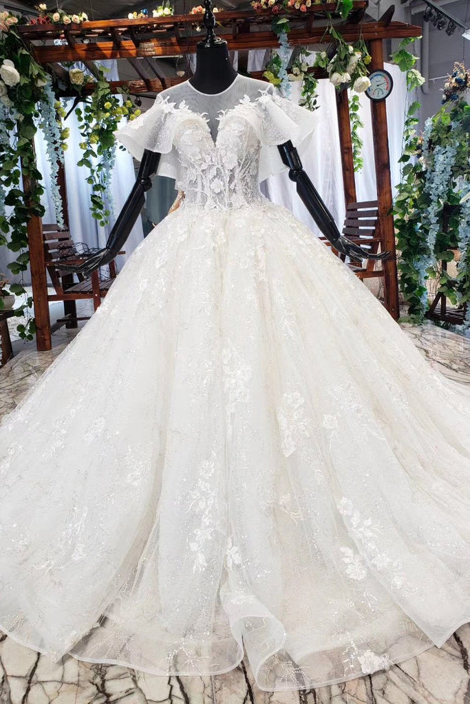Fmogl Gorgeous Appliques Chapel Train Ball Gown Wedding Dress 2018 Luxury  Beaded Boat Neck Princess Bridal Gown Vestido de Noiva - OnshopDeals.Com