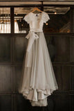 A Line Short Sleeve Lace and Tulle Silver Country Wedding Dress With Sash N2252