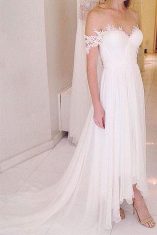 A-line Off-the-shoulder Chiffon Beach Wedding Dress With Sweep Train,Bridal Dress,N381
