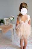 Knee-length Tulle Backless Scoop Sleeveless Tiered Flower Girl Dresses With Flowers F012