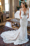 Mermaid Deep V-Neck Beach Wedding Dress,Sleeveless Ruched Lace Bridal Dress N95