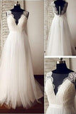 V-neck Beach Wedding Dress,Ivory Tulle Lace Appliqued Wedding Gown,A-line Bridal Dresses,N159