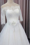 A Line 3/4 Sleeves Tulle Wedding Dress With Flowers, Fluffy Off Shoulder Bridal Dress With Lace N963