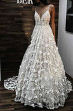 Charming V Neck Spaghetti Straps Lace Backless Long Wedding Dress N767