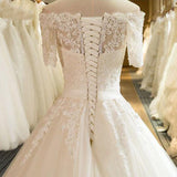 Floor Length Puffy Wedding Dress Off-the-shoulder Ball Gown Lace Ivory Bridal Gown N1255