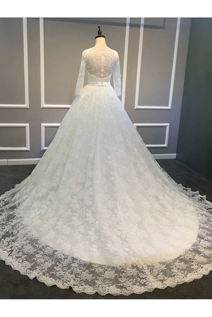 Vintage Lace Long Sleeve Wedding Dress, A Line V Neck Lace Bridal Dress N1228