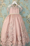 Blush Pink Short Sleeves Floor Length Appliqued Flower Girl Dress With Bow F037