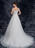A Line Off the Shoulder Tulle Wedding Dress With Lace Appliques Long Bridal Dress N2293