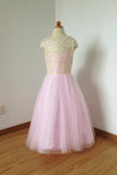 Cheap Lace Top Pink Tulle Long Flower Girl Dress With Bow, Cute Floor Length Flower Girl Dress F028