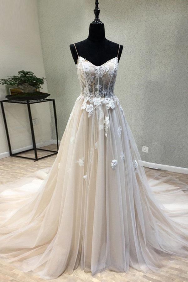 A-line Spaghetti Strap Simple Wedding Dresses with Appliques, Boho Beach Wedding Dress N1635