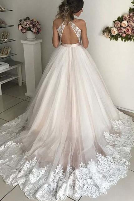 Romantic Wedding Dress, Long V-Neck Tulle Open Back Prom Gown With Lace N1256