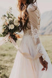 Ivory Chiffon Long Sleeves Rustic Weding Dress Lace Appliqued Beach Wedding Dress N2013