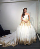 Princess Ball Gown Strapless Court Train White Tulle Wedding Dress With Gold Lace,bridal Dress,N399