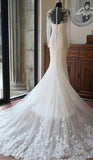 Ivory Long Sleeves Mermaid Lace Appliques Tulle Wedding Dress With Train,Beach Wedding Dress,N390