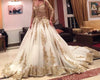 Luxurious Gold Lace Appliques 3/4 Sleeves V Neck Ball Gown Tulle Wedding Dress,Big Prom Dress,N309
