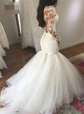 Mermaid Wedding Dress With Long Sleeves, V Neck Long Bridal Dress With Lace Appliques N1436