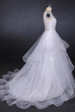 Unique V Neck Sleeveless Tulle Wedding Dress Asymmetrical Long Bridal Dress N2290