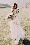 Ivory Chiffon Long Sleeves Rustic Weding Dress Lace Appliqued Beach Wedding Dress N2013
