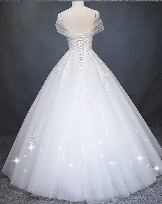 White Princess Off Shoulder Tulle Wedding Dress Floor Length Appliqued Bridal Dress N1118