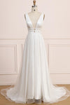 Deep V Neck Sleeveless Bridal Dress, Backless Long A Line Wedding Dress N2270