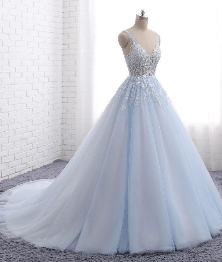 Light Blue V Neck Sleeveless Appliqued Tulle Ball Gown Wedding Dress Bridal Dresses