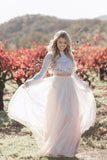 Two Piece Long Sleeves Lace Wedding Dresses Blush Pink Boho Beach Wedding Dress N2054