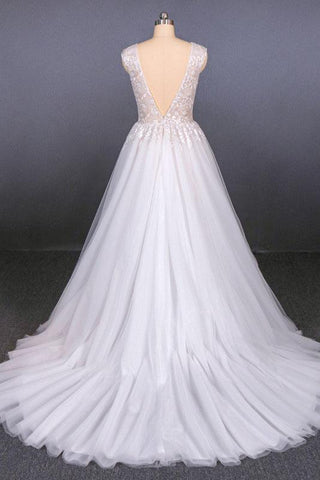 Sexy V Neck Tulle Wedding Dress With Lace Appliques, A Line Backless Bridal Dress N2287