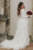 A-Line Ivory Sweep Train Tulle Long Sleeves Long Beach Wedding Dress with Ruffles N2211