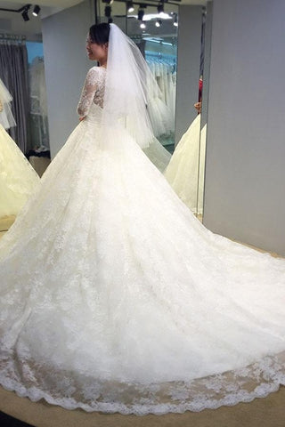 Vintage Lace Long Sleeve Wedding Dress, A Line V Neck Lace Bridal Dresses N1228