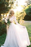 Romantic Two Piece Long Sleeves Wedding Dress With Lace, A Line Ivory Chiffon Bridal Dress N2398