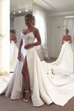Strapless Bodice Corset Leg Slit Satin Wedding Dress, Backless Long Bridal Dress N1995