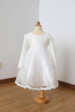 A Line Long Sleeves Ivory Lace Tulle Flower Girl Dress With Lace Edge and Bowknot F021
