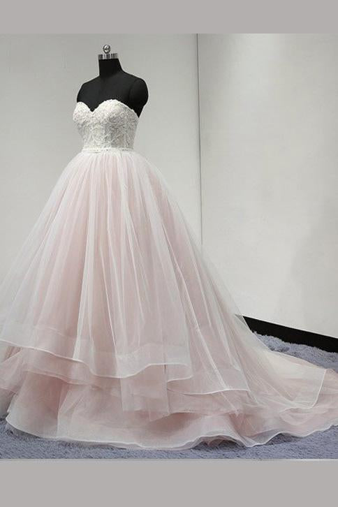 Light Pink Strapless Sweetheart Charming Affordable Layers Long Prom Dresses Ball Gown,N473