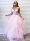 Pink Tulle Spaghetti Straps Evening Dress A Line Long Prom Dresses With Ruffles