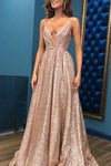Glitter Big Swing Elegant Maxi Dress Golden Sequin Sparkly V-neck Floor Length Prom Dress