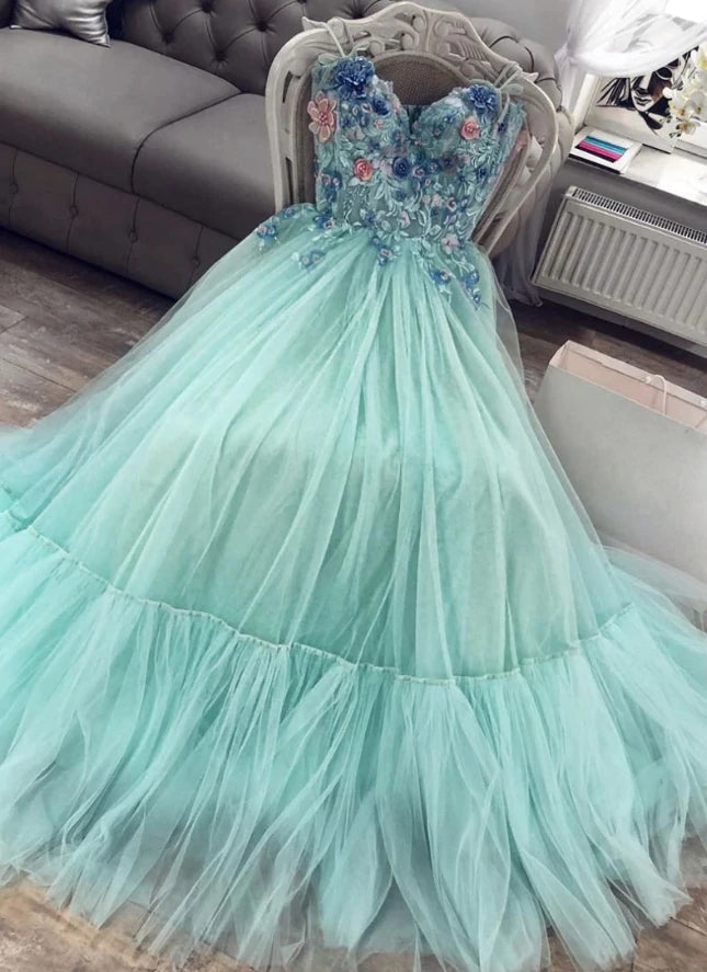 Mint Green Sweetheart A Line Tulle Appliques Long Prom Dress