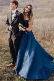 Simple A-Line Slate Blue Strapless Pockets Satin Formal Long Prom Dress