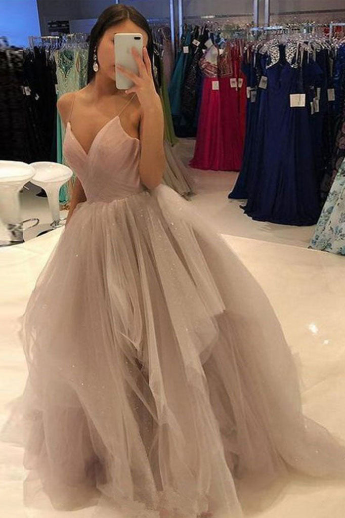 V-Neck Tulle Stylish Dusty Rose Spaghetti Straps Formal Evening Dress Long Puffy Prom Gown