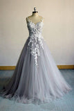 Grey A Line Lace Formal Evening Dress Appliques Tulle Long Prom Dress