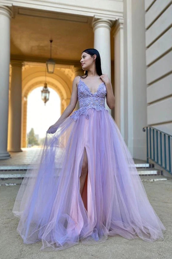 Lilac Charming A-Line V-Neck Split Tulle Appliques Prom Dress