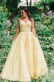 A-Line Princess Yellow Lace Appliques Tulle Sweet 16 Dress Long Prom Dress